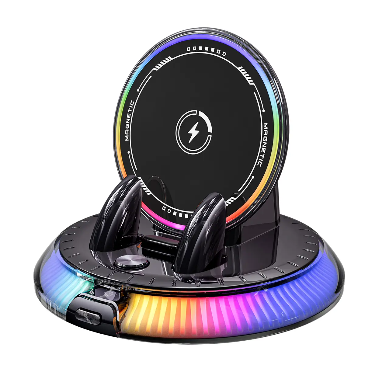 2026 Upgraded Wireless Car Charging Mount with RGB Light, 360° Rotating Auto Clamping Magnetic Car Phone Holder, Residue Free Vacuum Suction Base Dashboard Cradle, Universal Electronic Phone Stand for iPhone & Samsung