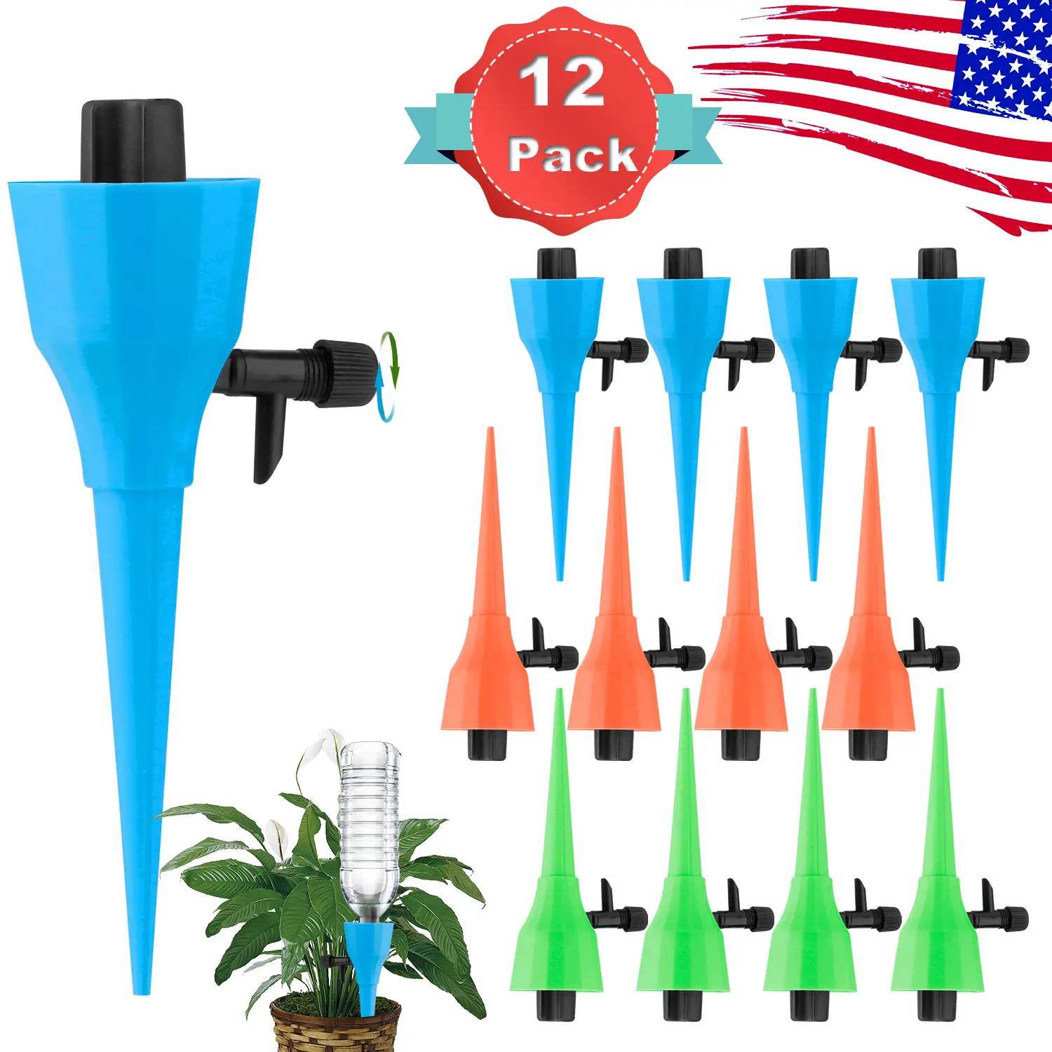 12-Pack Water-Emitting Self-Watering Stakes, Adjustable Control Valve Watering System Devices for Indoor and Outdoor Garden Watering & Irrigation