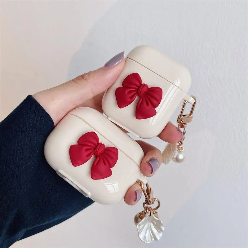 TPU Earphone Cover, Beige-Red Bow Shell Wireless Earbuds Protective Case with Pendant, Handheld Audio Accessory for Earphone Protection *1 (Phones & Electronics)