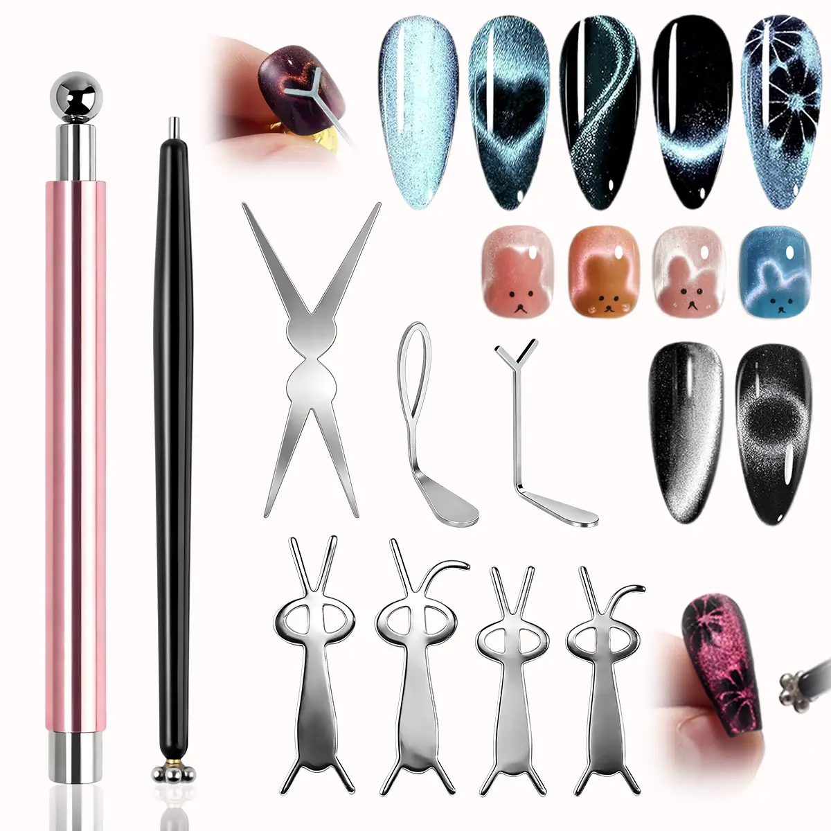 Cat Eye Magnet Set for Nails, 3 in 1 Cylinder Ball Magnet, Double Head Flower Magnetic Nail Art Pen, French Heart Black Hole Rabbit Design Nail Tools for Cat Eye Gel Polish