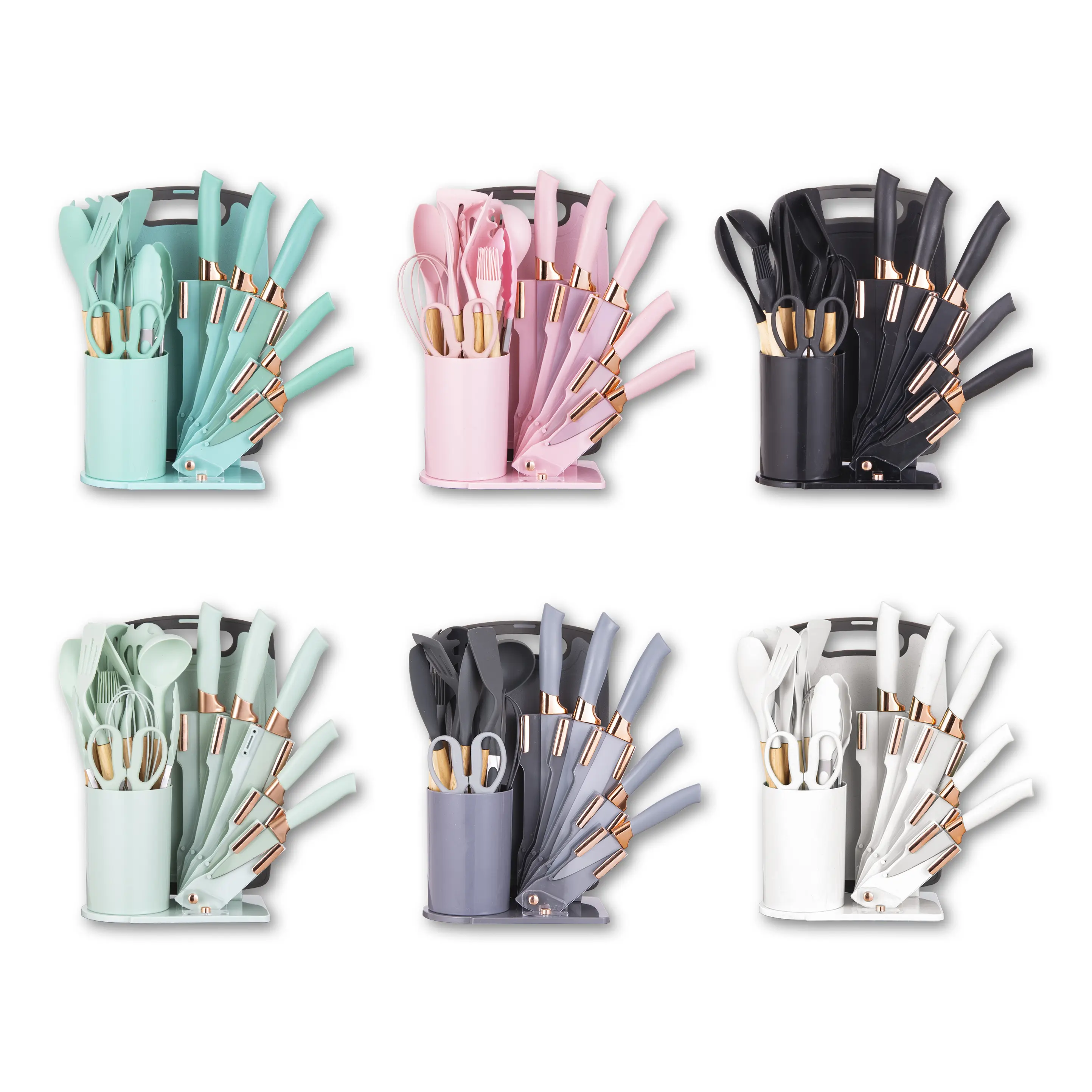 19PCS Knife and Kitchen Utensils Set with Fan Knife Holder, Silicone Cooking Utensils + 5 Knives, Heat Resistant Nonstick Safe, Space-Saving Countertop Kitchen Tool Set
