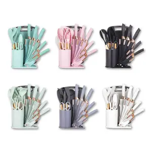 19PCS Knife and Kitchen Utensils Set with Fan Knife Holder, Silicone Cooking Utensils + 5 Knives, Heat Resistant Nonstick Safe, Space-Saving Countertop Kitchen Tool Set