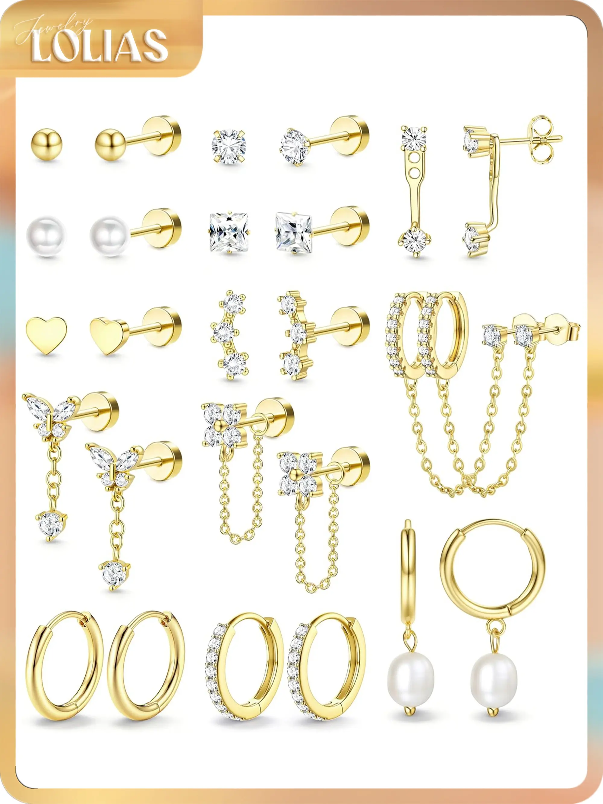 LOLIAS Hypoallergenic Flat Back Earrings Set for Women-Surgical Stainless Steel Earrings for Sensitive Ears-14K Gold Plated Chain Cartilage Earring Stacks Flatback Stud Hoop Earring Sets for Multiple Piercing Jewelry