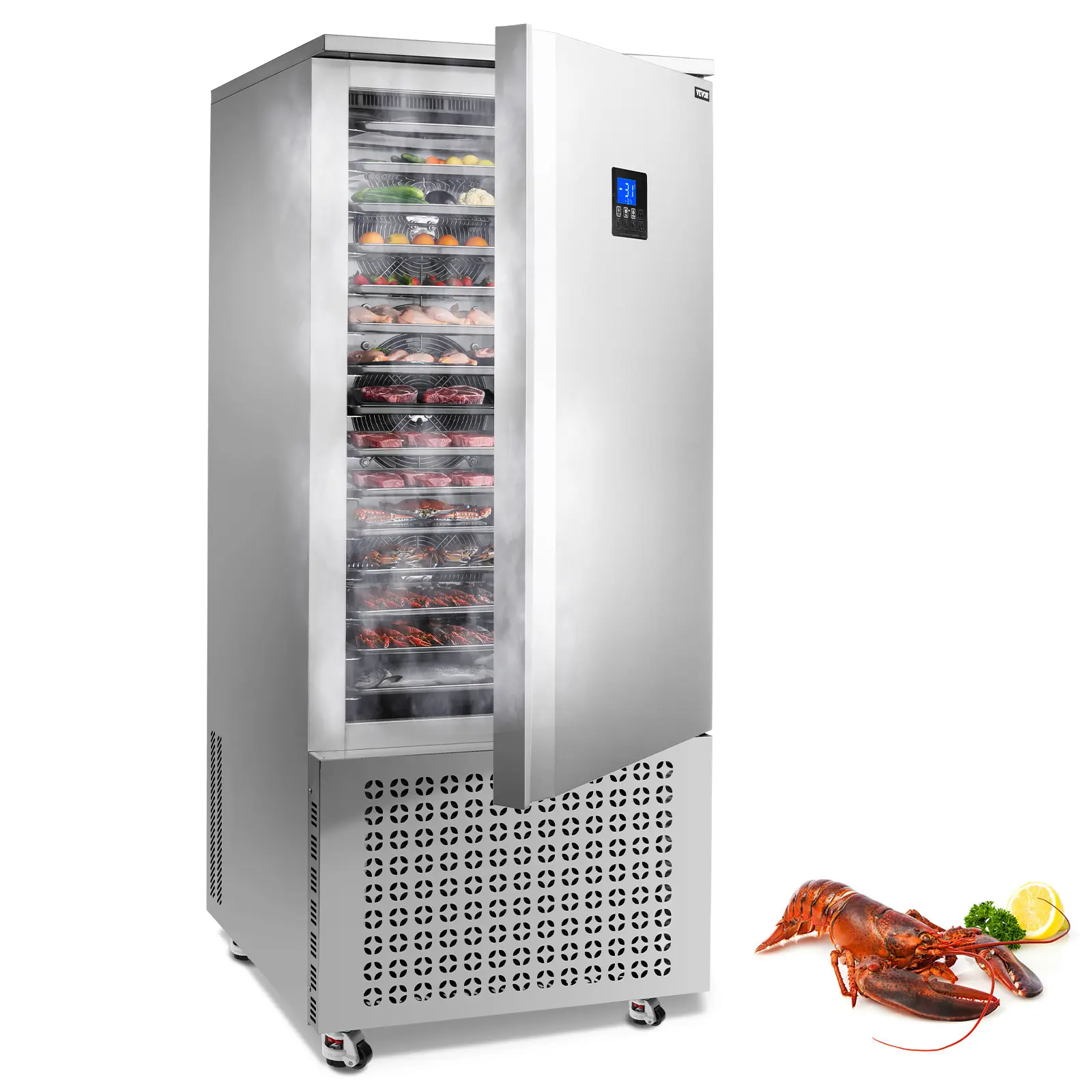 【Summerfinds】VEVOR Commercial Blast Freezer, 370 L / 13.1 Cu.ft Blast Chiller with 15 Trays, Blast Chiller Freezer Chest with 4 Freezing Modes, Stainless Steel Food Blast Freezer with Casters for Restaurant, Seafood