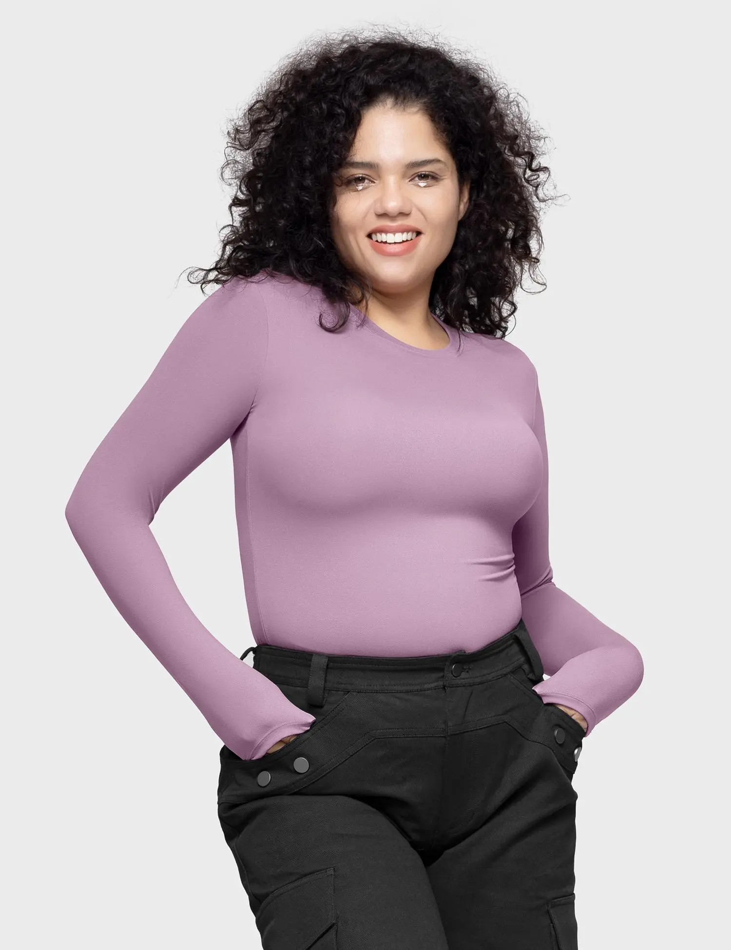 PUMIEY Women's Long Sleeve Cute Top, Slim Fit Double Layer Crew Neck Basic Compression Shirt for Casual and Office Outfits, Fashion Apparel, Women's Clothes, Smoke, Compression Shirts,back to school,back to school shopping, Round Neck, Fabric