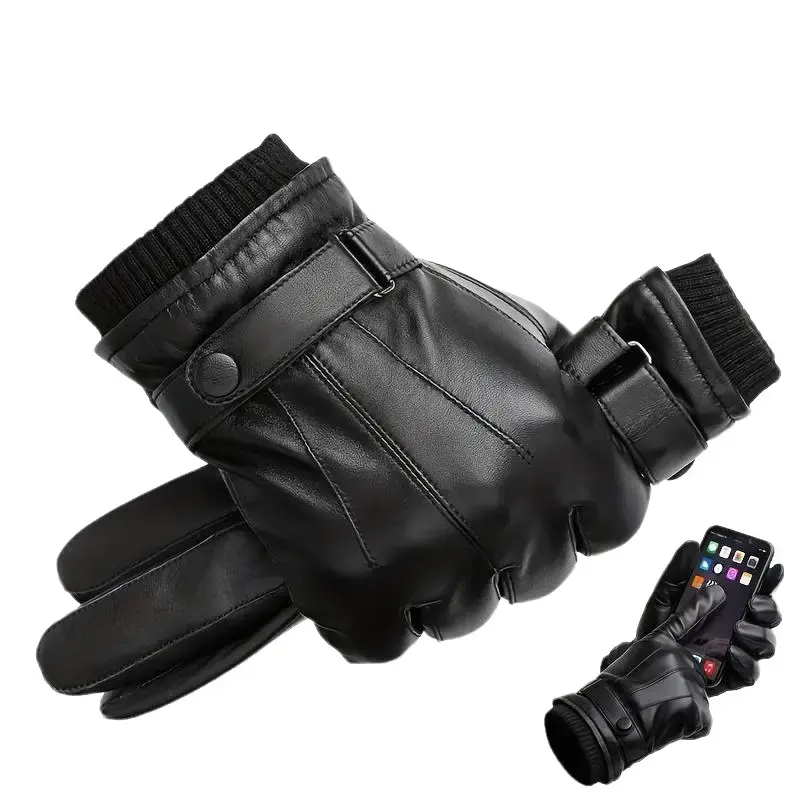 Men's Classic Leather Gloves in Black - Waterproof and Warm for Cold Weather Outdoor Activities like Hiking & Skiing, Warm Leather
