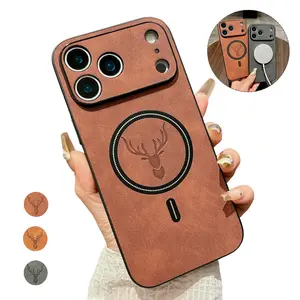 [Free!!Ship!] Mag Safe Classic PU Leather Case for iPhone 17 Pro Max 16 Plus 15 14 13 Matter Fawn Pattern Shockproof Protection Phone Cover