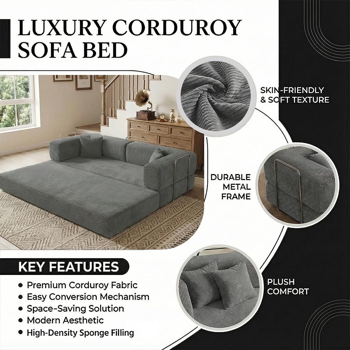 79" Convertible Sleeper Sofa Bed with Cylindrical Pillow Corduroy Folding Mattress Couch Fixed-Shape Frame Modular Compressible Living Room Sofa Set Vintage Suede Comfortable Lounge Chair Lazy Sofa Bean Bag Bedroom Sleeper Modern Cloud Loveseat