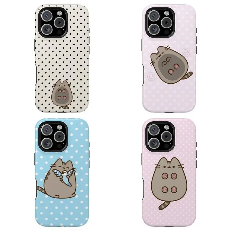 Kawaii Aesthetic Pastel Polka Dot Pusheen Cat Polycarbonate Smartphone Case - Custom Tough Shockproof Rubber Casing with Resistance & Protection for iPhone 11-17 Pro Max Plus Mobile Phone Accessory