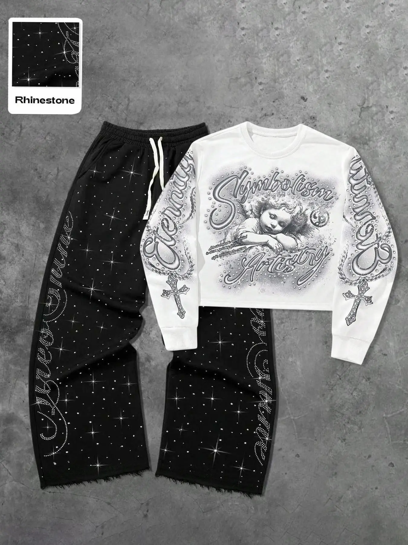 Y2K Rhinestone Angel Cross Two Piece Set | Egirl Aesthetic Cropped Long Sleeve Sweatshirt & Wide Leg Pants | Gothic Streetwear Tracksuit with Eternity Print | Harajuku Cyber Y2K Outfit for Women Men | Edgy Streetwear Co-ord Set