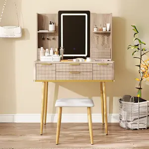 3-in-1 Dressing Table with LED Mirror & Storage Stool - Compact Makeup Vanity with 4 Drawers, Storage Cabinet & Hidden Stool, White Density Board Design, Open Bookshelf for Bedroom Organization