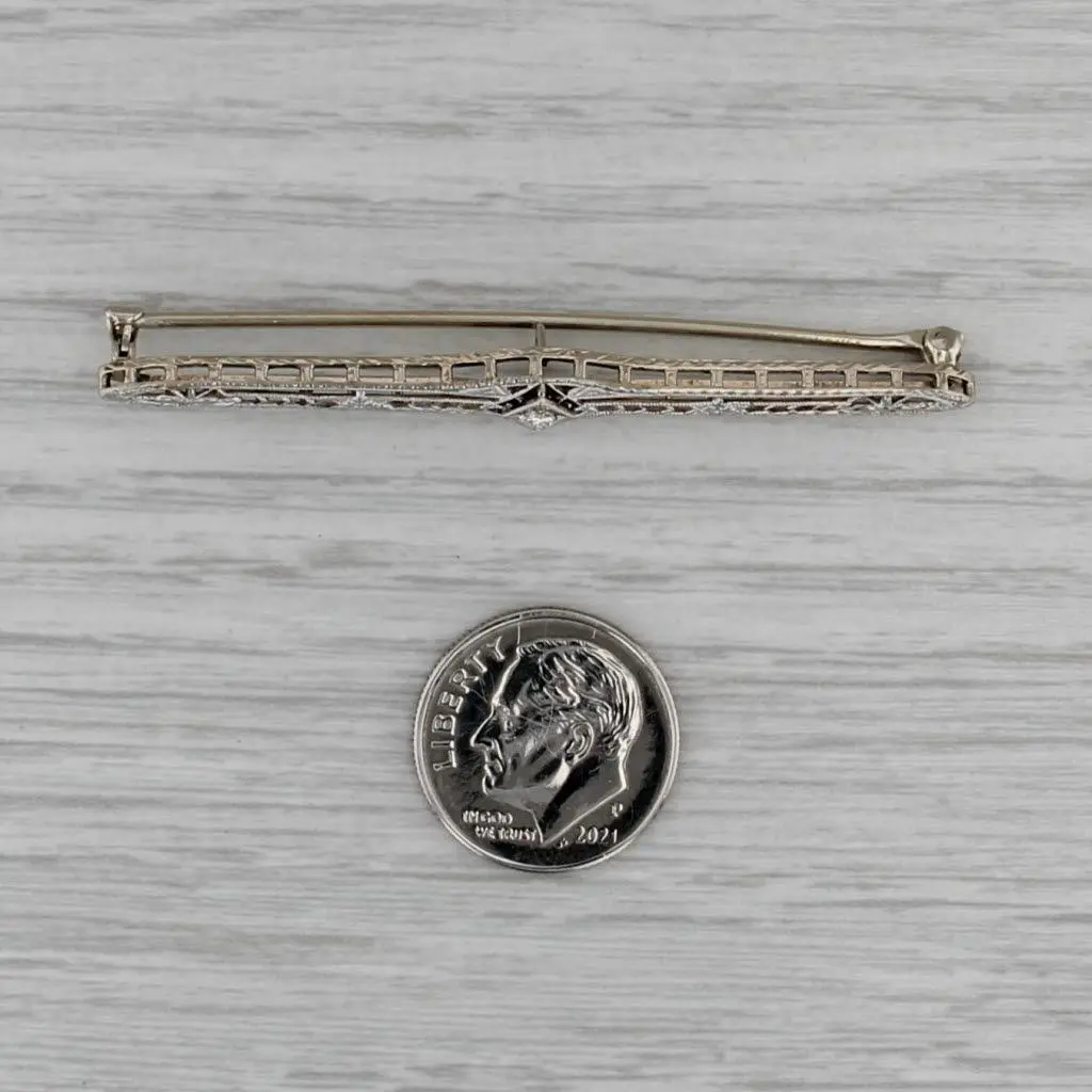 Vintage Art Deco Diamond Filigree Bar Pin Platinum 14k Gold Clasp Brooch