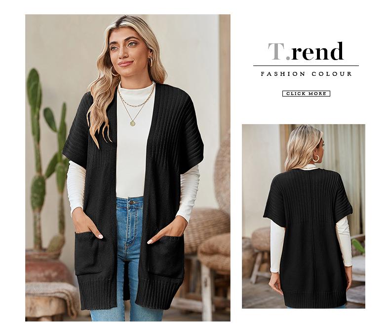 Shewin 2026 Spring Cozy Ribbed Open-Front Cardigan Women's Oversized Short-Sleeve Knit Layering Piece with Pockets for Daily Wear Basic Cotton Blend Shortsleeve SpringStatements