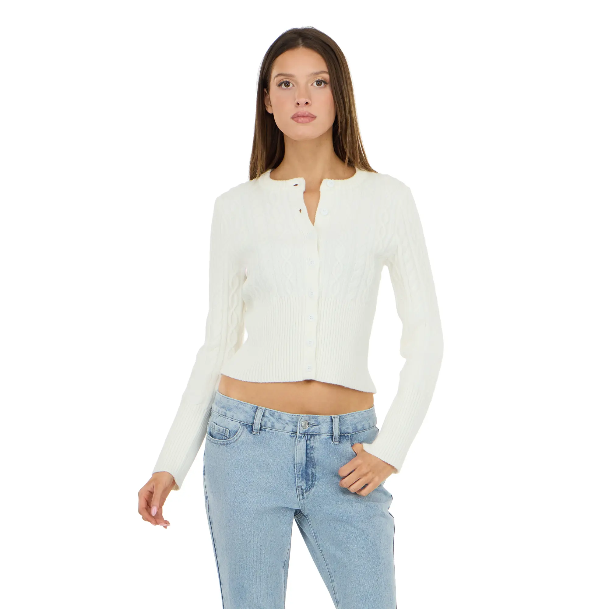 Forever 21 Women's Cable Knit Fitted Cardigan Sweater - Button-Up, Long Sleeve Basic Top - Vintage Coquette, Preppy Slim Fit Casual Knitwear - Soft Chic Everyday Layering Piece