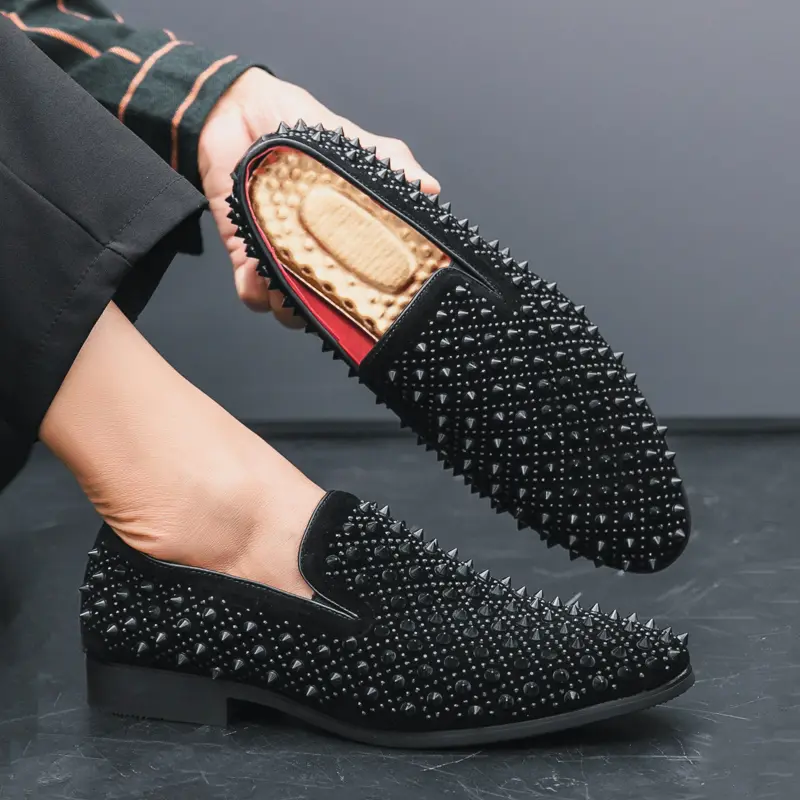 Men's Slip On Loafers, Chic Punk Studded Faux Leather Dress Shoes, Stylish Street Fashion for Wedding & Prom Parties, Pu Leather Footwear, Leather & Faux Leather