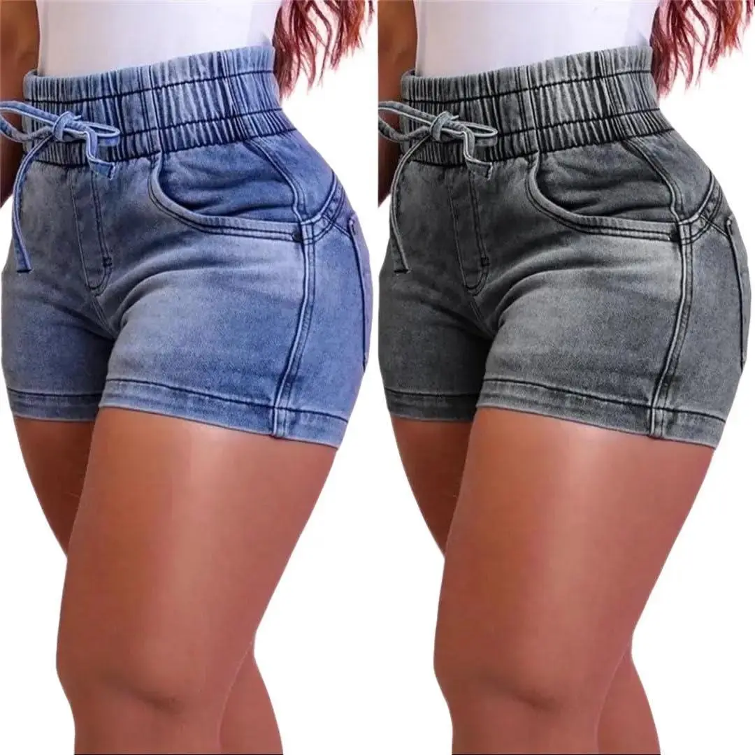DUTUT High Waist Slimming Elastic Denim Shorts for Women Stretchy Tie-Waist Hot Shorts Casual Jean Shorts with Drawstring Athletic Comfort Breathable