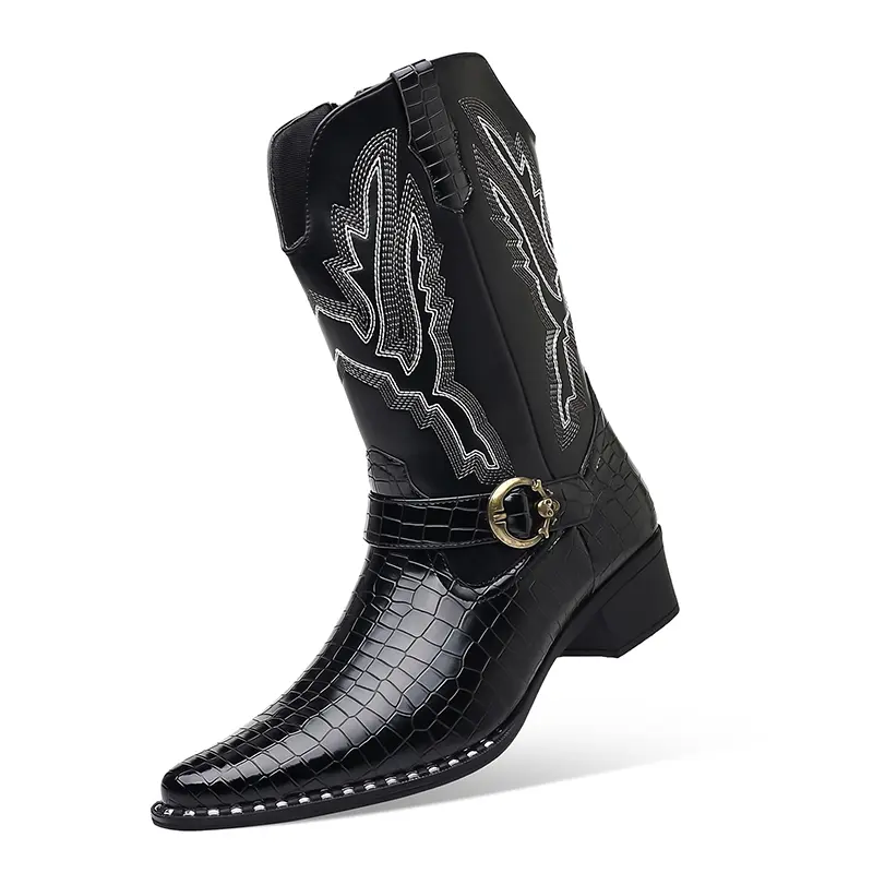 Men's American Western Cowboy Thick-Soled Mid-Calf PU Leather Boots - Stylish Footwear for Commuting, Waterproof, Non-Slip, Wear-Resistant, All-Season Shoe