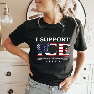 Gildan I Support ICE T-Shirt, Soft Cotton Stand With ICE American Flag Graphic Tee, Patriotic Statement Design, Made In USA, For Youth & Adult
