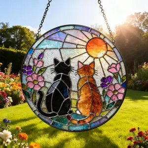 Cute Black Orange Cat Couple Suncatcher, Stained Glass Pet Window Hanging Decor, Cat Lover Gift, Garden Ornament