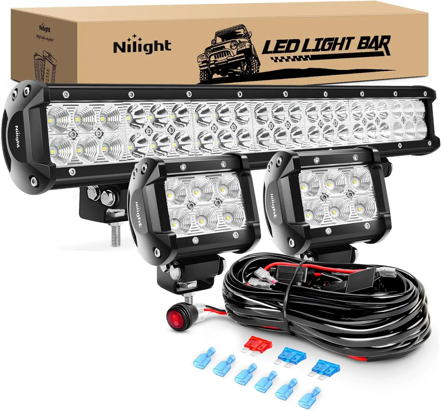 Nilight 20Inch 126W Spot Flood Combo Led Off Road Led Light Bar 2PCS 18w 4Inch Flood LED Pods With 16AWG Wiring Harness Kit-2 Lead Truck Lightbar, Led Work Light, Light Bar Car,car accessories