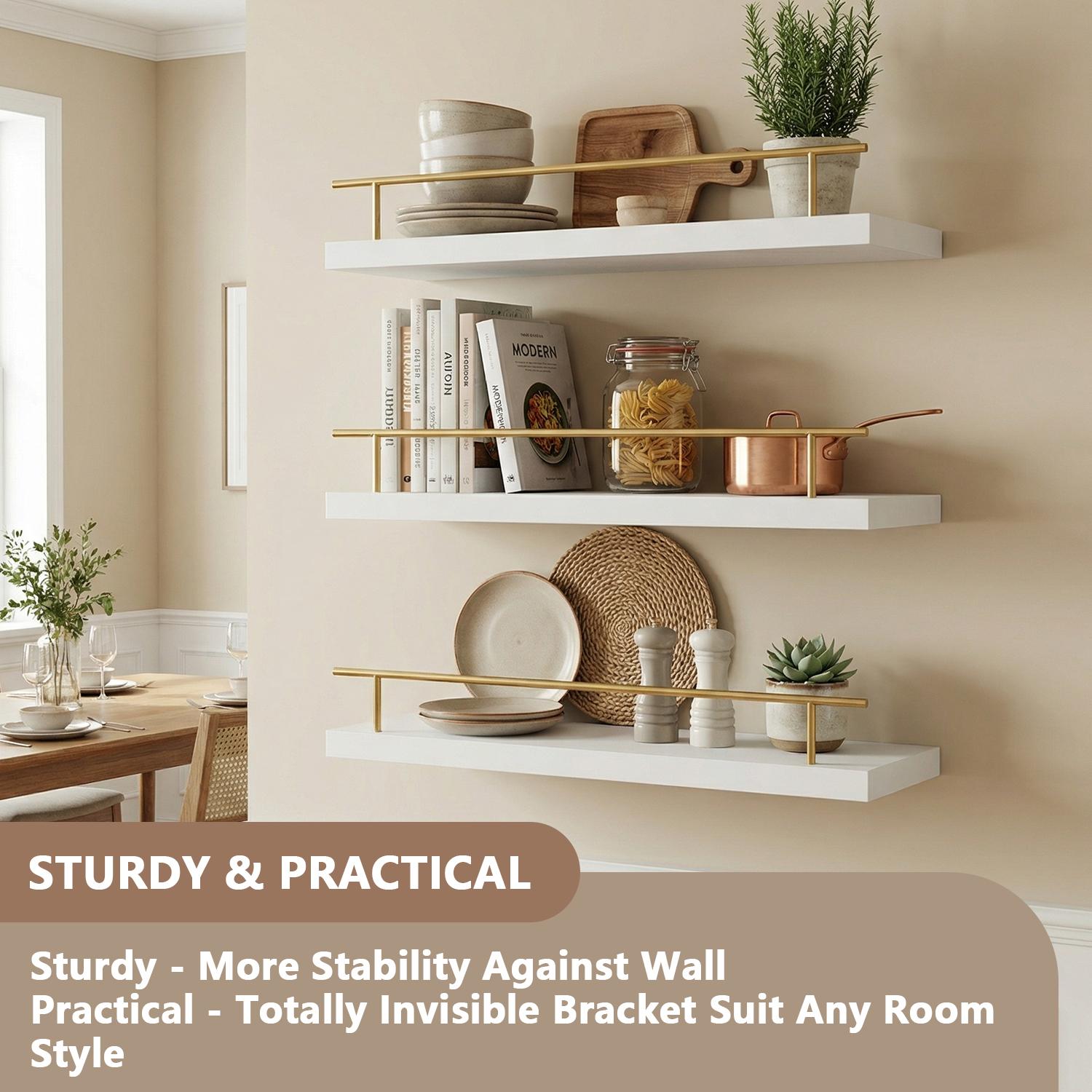 Spaco 15.7" Maple White Floating Wall Shelves - Modern Wood Storage for Bathroom, Bedroom, Kitchen & Living Room (Gold railing,Invisible Brackets, Decorative & Functional for Books & Organization) Spaco 15.7" Maple White Floating Wall Shelves - Modern Wood Storage for Bathroom, Bedroom, Kitchen & Living Room (Gold railing,Invisible Brackets, Decorative & Functional for Books & Organization)