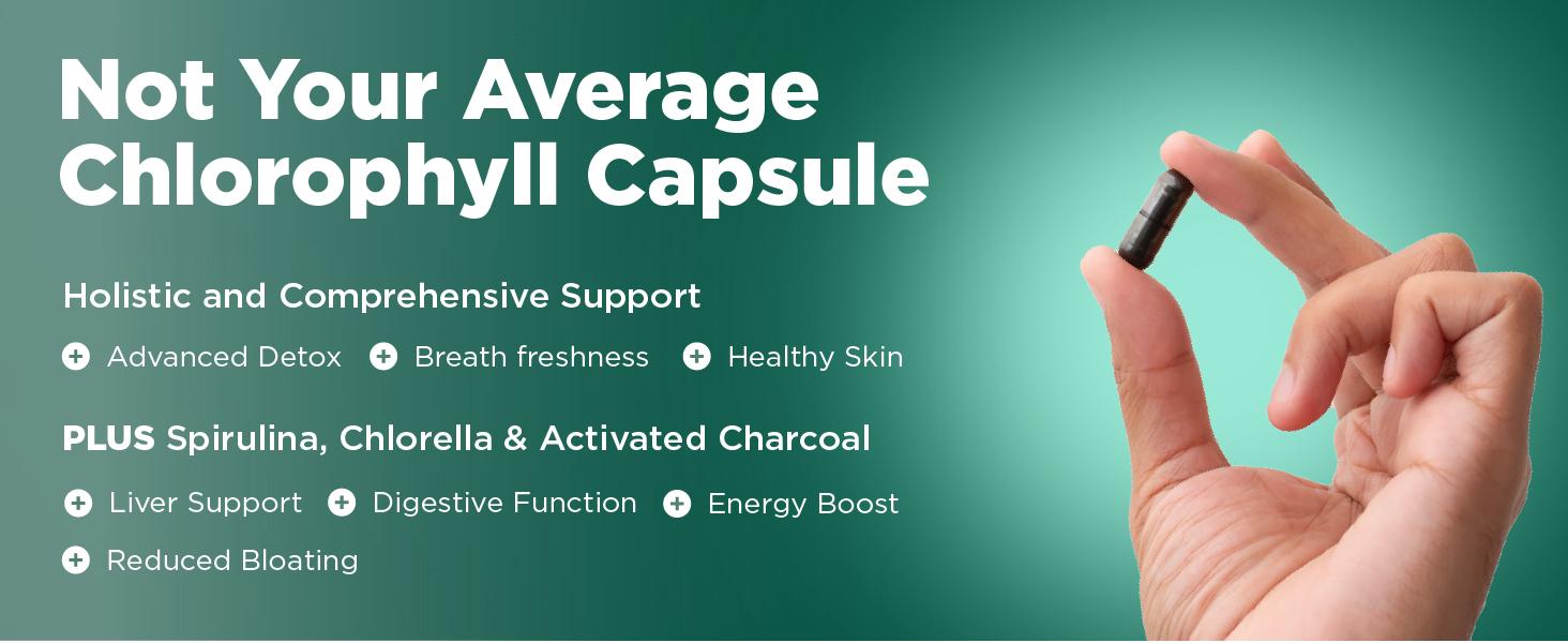 Vital Vitamins Chlorophyll Complex | Detox, Body Odor Control, Liver & Digestive Support | Spirulina, Chlorella, Parsley, Mint & Activated Charcoal | 60 Capsules Herbal Supplement Natural Healthcare
