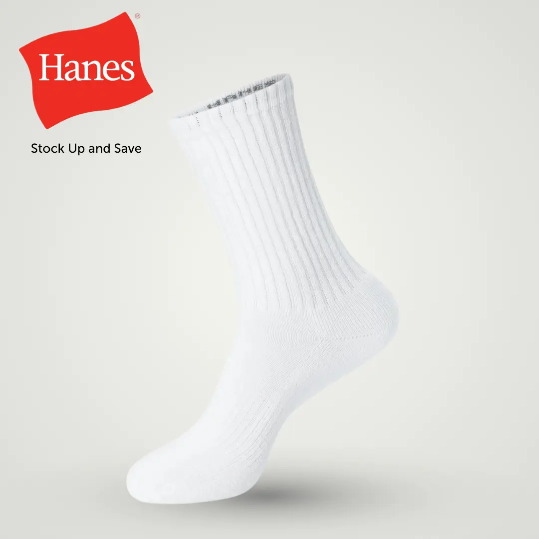 Hanes 6-PACK Unisex Socks, Crew — Plain Socks — Moisture Wicking, Cushioned PWS184
