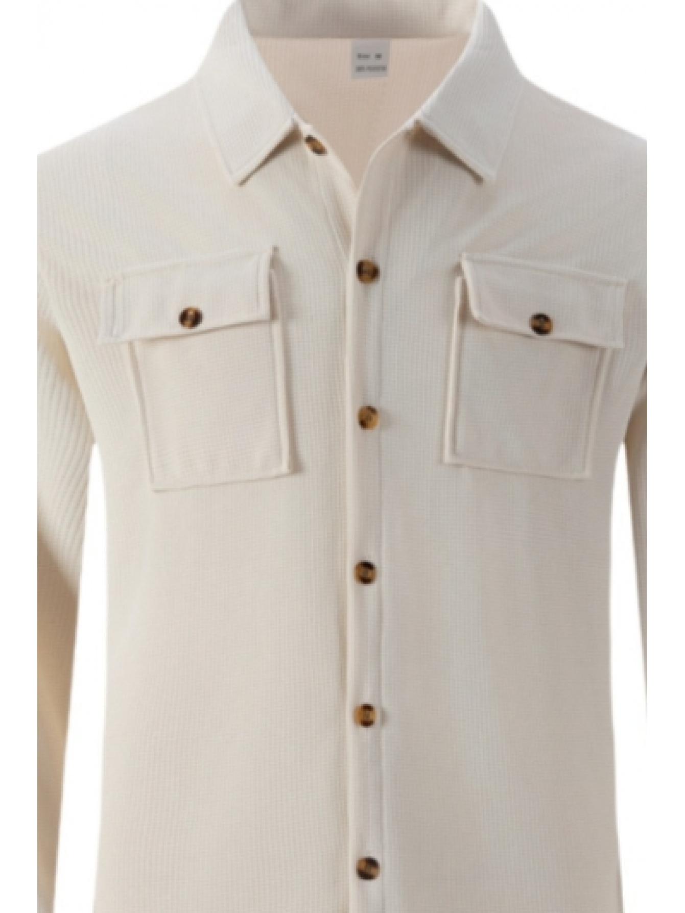 Autumn New Waffle Long Sleeved Pants Two-Piece Set Solid Color Double Pocket Button Up Cardigan Shirt Set for Men