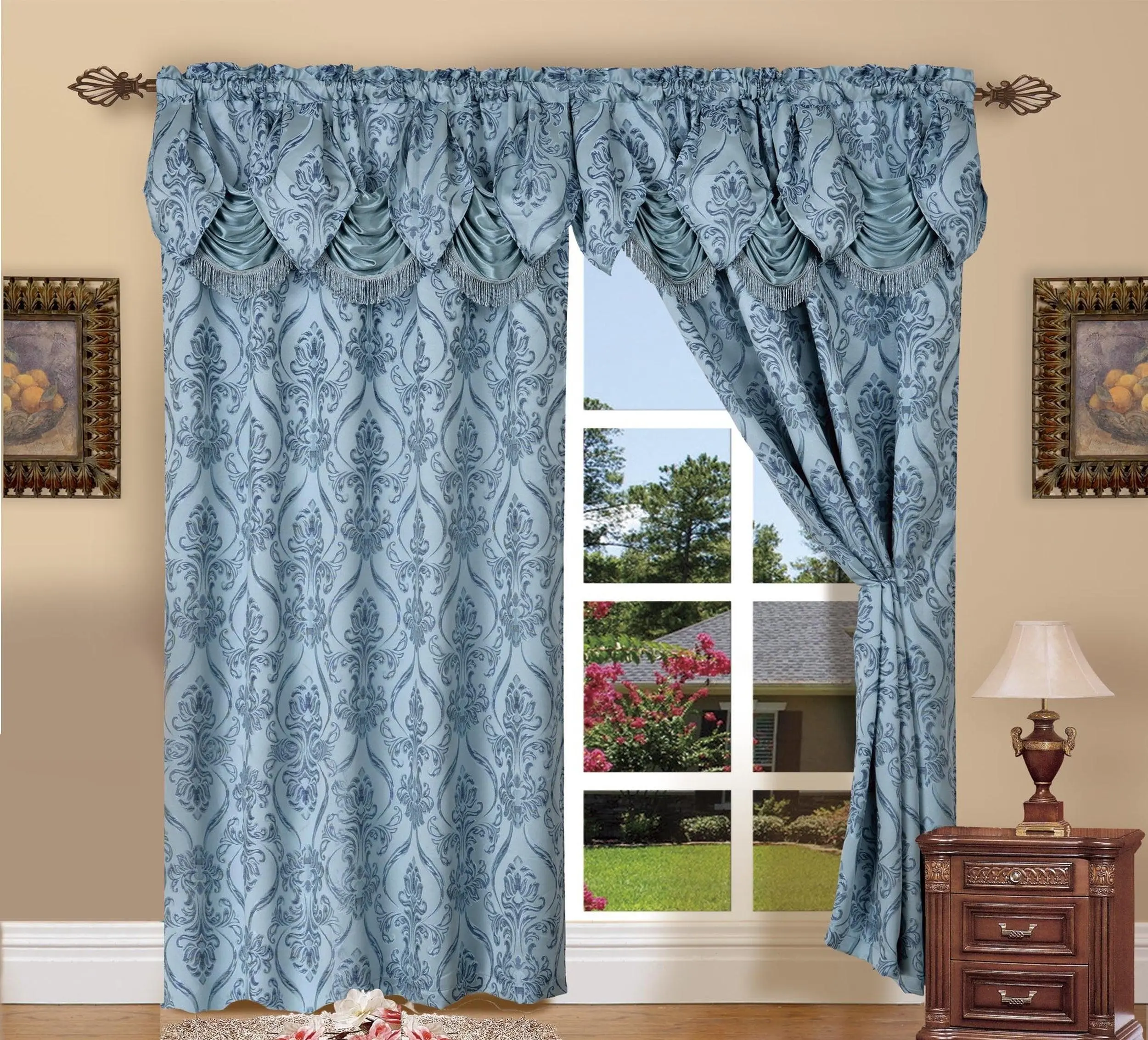 Elegant Comfort 2-Pack Penelope Jacquard Curtain Panels with Attached Valance – Luxury Drape, 54in W x 84in L