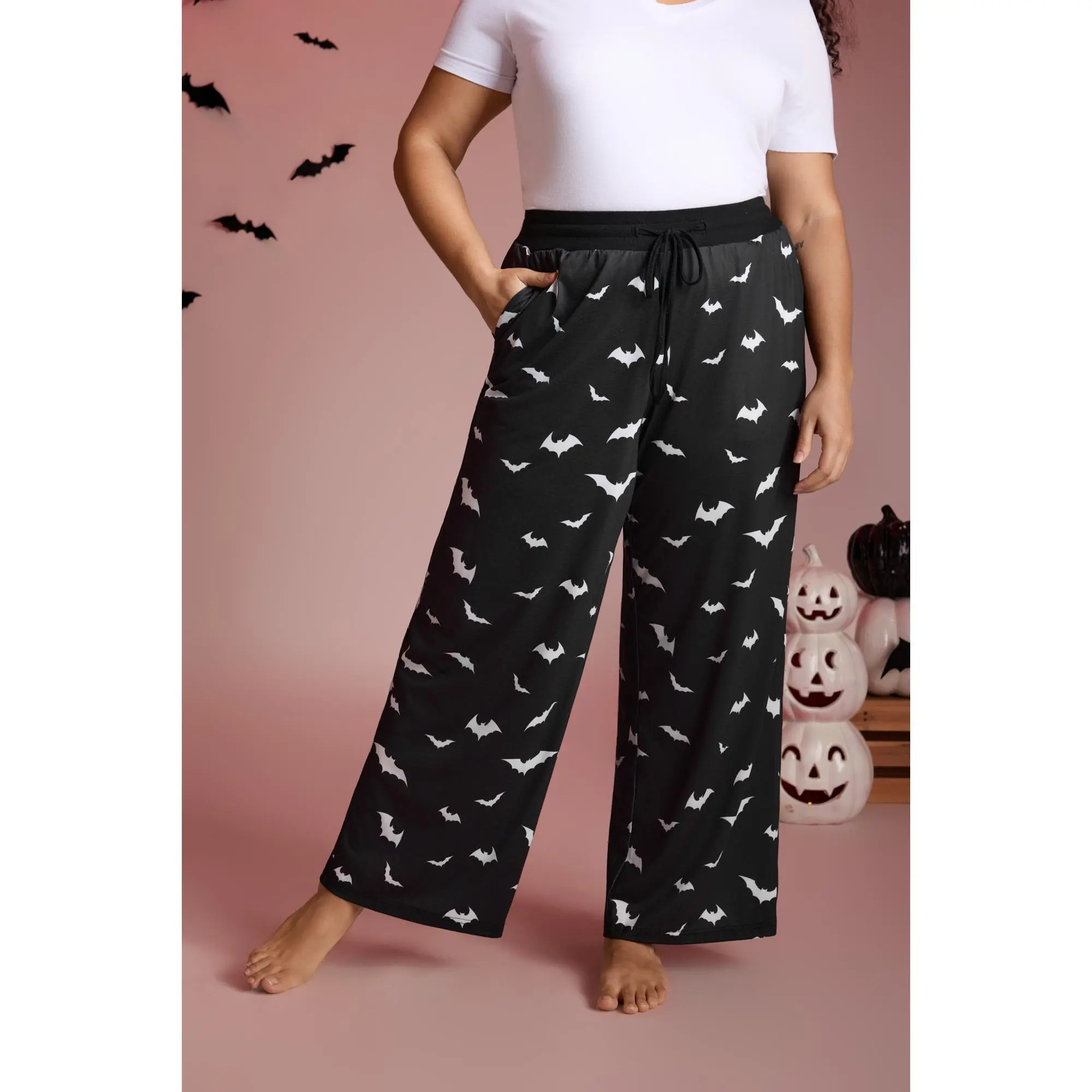 BLOOMCHIC Women's Batty Knit Printed Wide Leg Casual Lounge Pants - Polyester Blend, Contrast Binding, Drawstring Cinch, Pocket, Medium Stretch, Loose-Fitting, Fit For Everyday Wear, Summer Use, Relaxed Long Lounge Days, 95/5 Poly Spandex Fabric