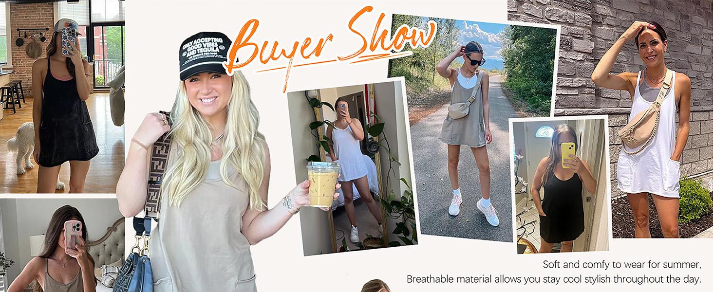 Molitree Women's Summer Sleeveless Mini Dress Athletic Dress V Neck Spaghetti Strap Short Tennis Dress with Built-in Shorts