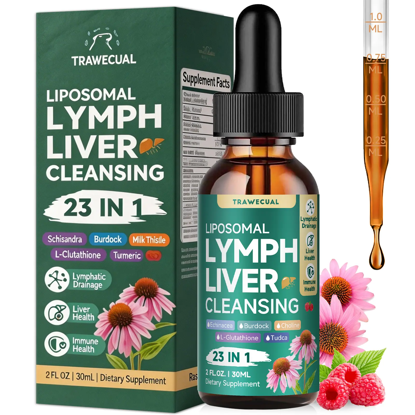Lymphatic Drainage Support Liposomal Drops - 23-In-1 Organic Liver Antioxidant Dietary Supplement with Burdock Root, Echinacea, Cleavers Herb, Dandelion for Fast Absorption, 2fl.oz Herbal Wellness Aid