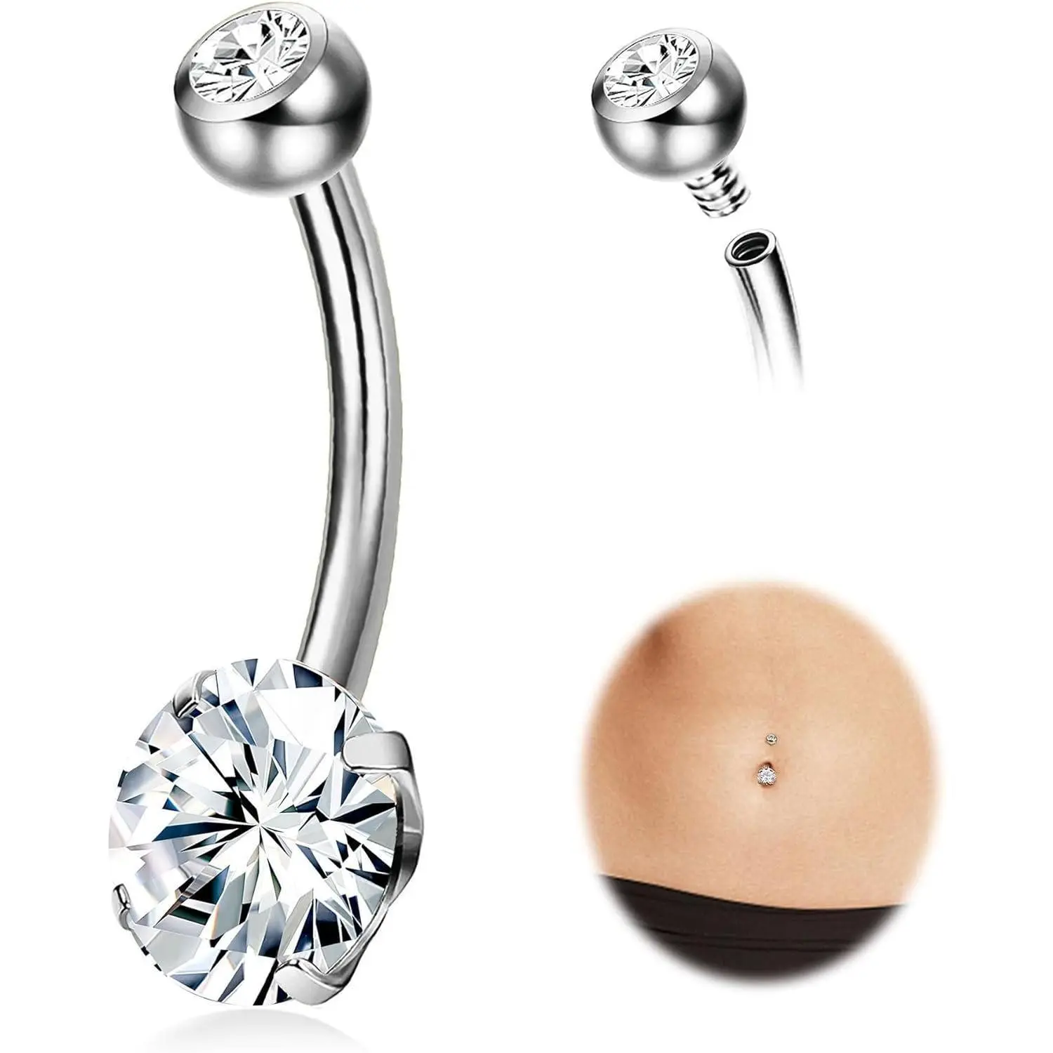 CASSIECA G23 Solid Titanium Unisex Chic Body Jewelry, 14G Internally Threaded 12mm-14mm Long Bar Cubic Zirconia Belly Button Navel Piercing Jewelry