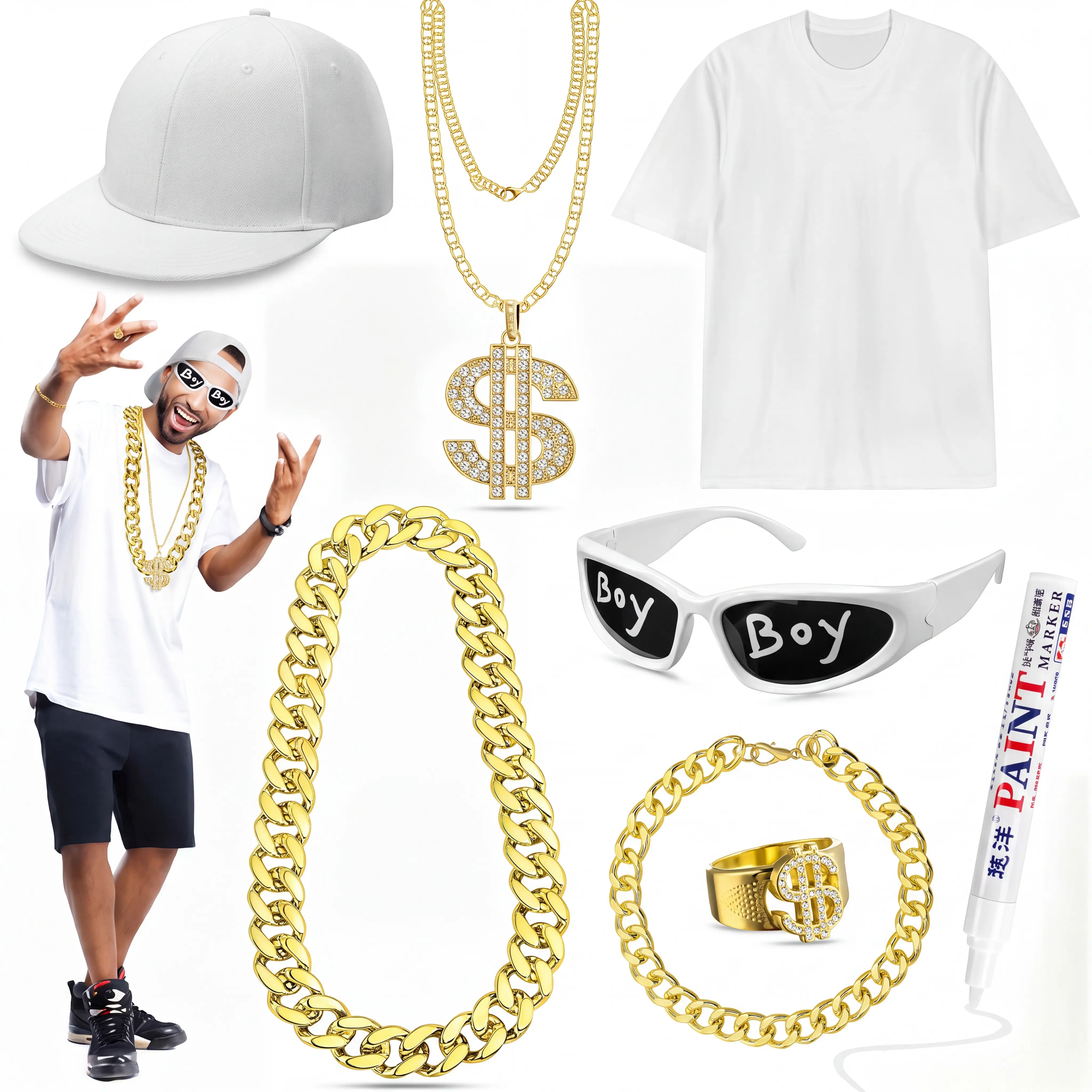 8 Pcs Hip Hop Rapper Costume Kit 2000s 80s 90s Halloween Rapper Accessories Cotton Shirt,Hat, Sunglasses,Necklace, Paint Pens,Bracelets and Dollar Sign Rings for Men Women Adult