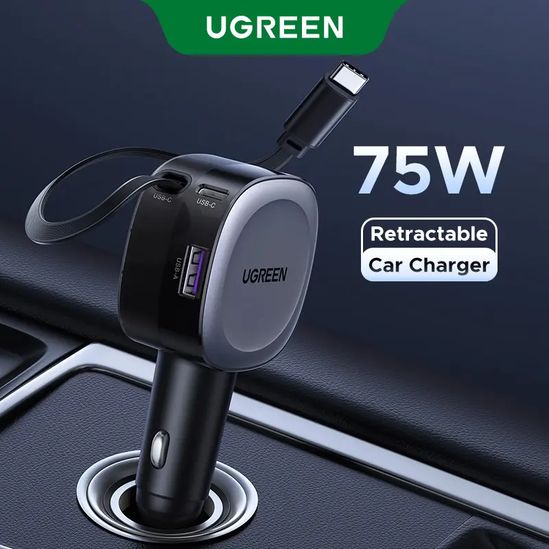 UGREEN 75W Retractable 3-Port Compact Multifunctional USB C Car Charger, Fast Charging Adapter for iPhone 17/16, Automotive Electronics Accessory, Travel Essential Gift for Men/Women (September Restock, TikTok Shop Back to School Deal), Multifunctional Ch