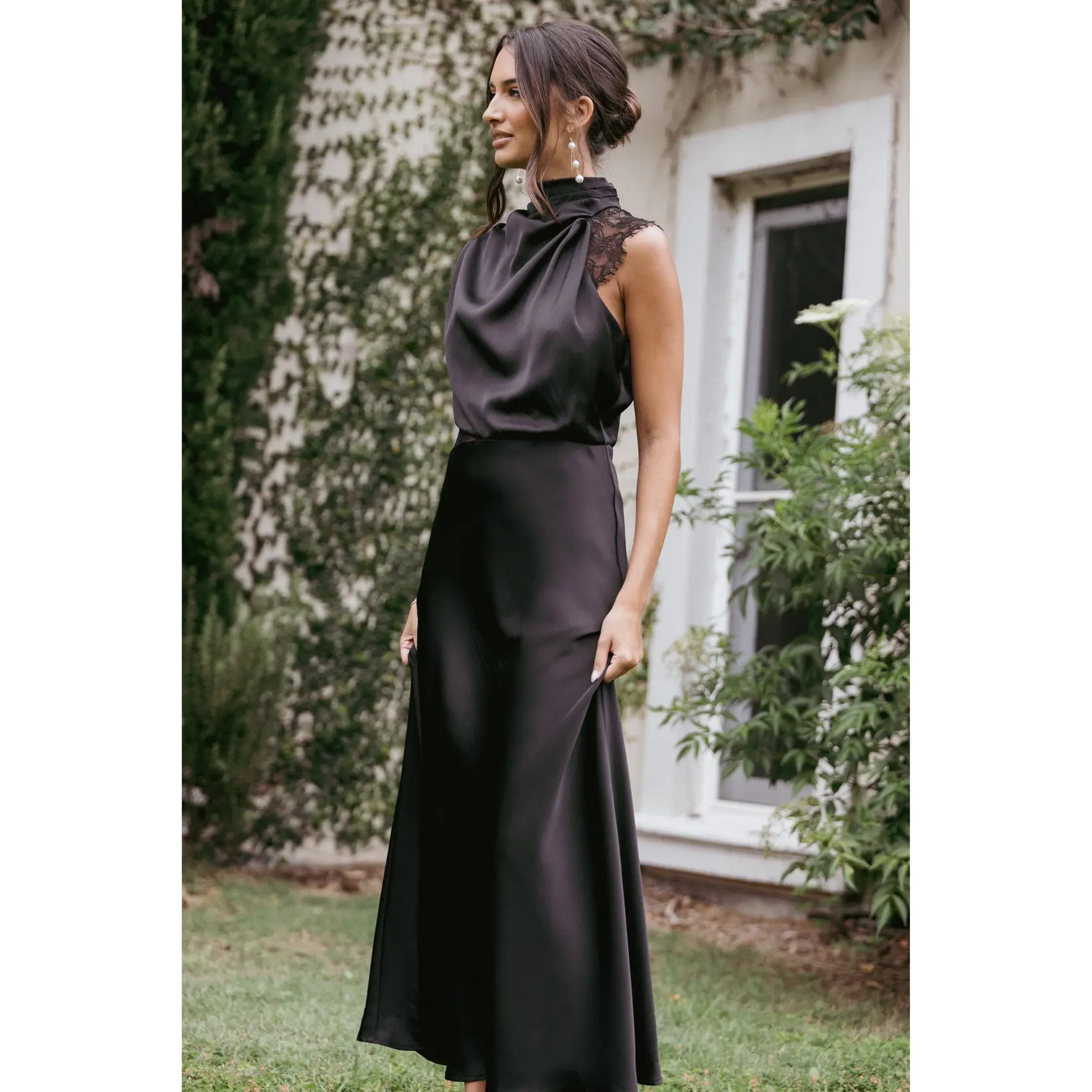 Anabelle Halter Neck Lace Maxi Dress - Black