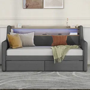 Twin Size Daybed with Storage Drawers, Upholstered Daybed with Charging Station and LED Lights