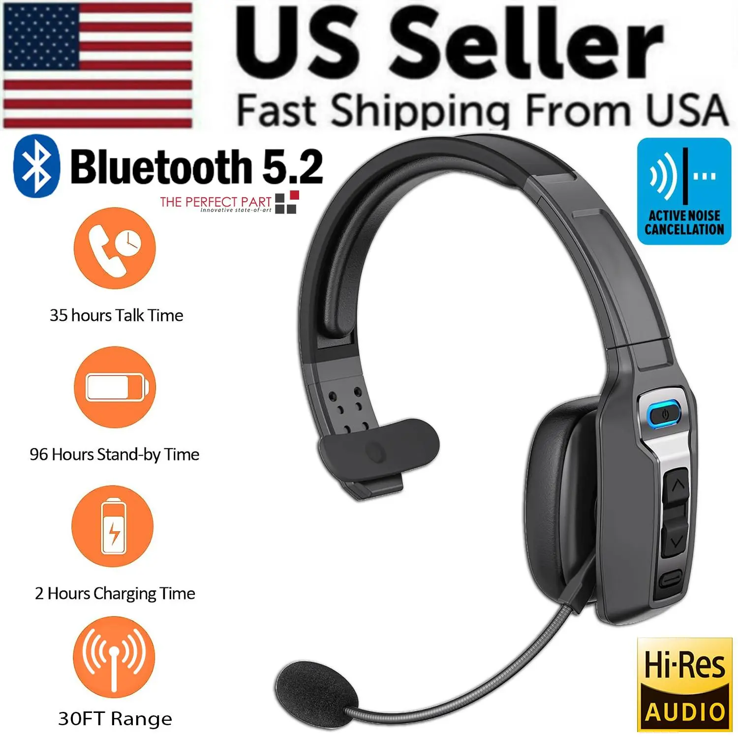 Professional Trucker Headset 60 Hours Working Time - 33FT Wireless Range - USB-C Fast Charge - Perfect for Long Haul Drivers Audio Bluetooth AI Noise Canceling 5.2 Gray Black