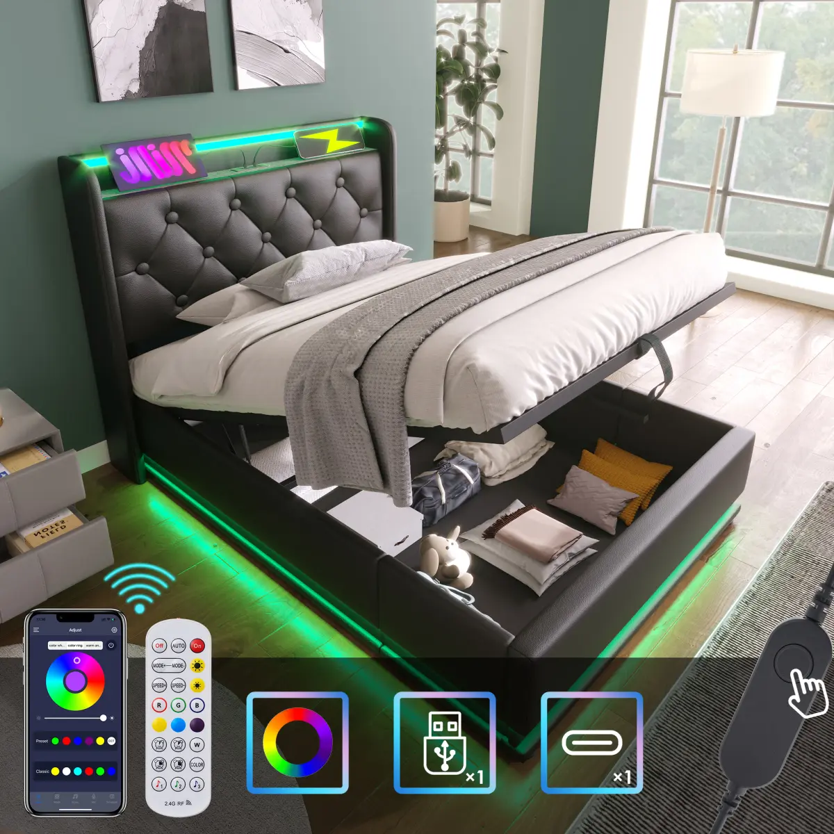 Aobtkel Rectangular Black PU Leather Upholstered Storage Bed Frame, Twin/King/Full Size, Hydraulic Lift, 360° RGB LED Lights, App Remote Control, USB Type-C Charging, Wingback Headboard, No Box Spring Needed, Space-Saving Platform Bed