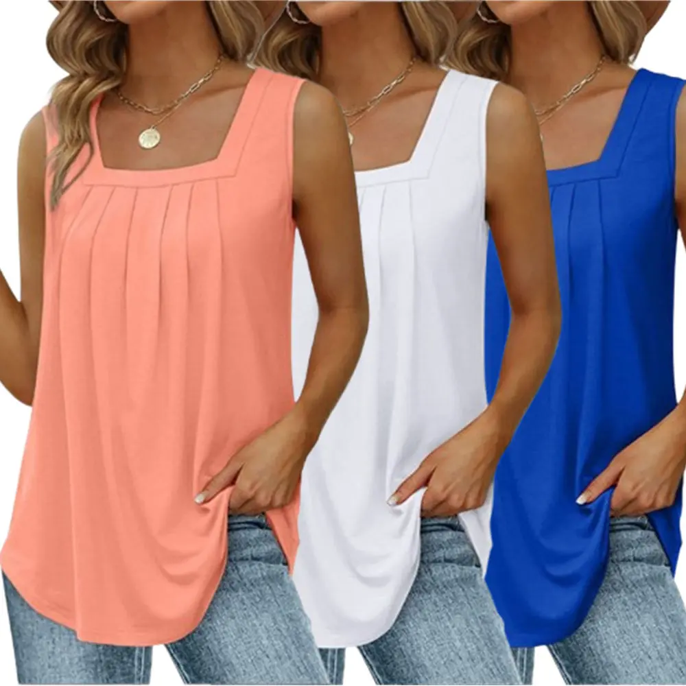 3Pack Women's Ruched Square Neck Sleeveless Asymmetric Hem Tank Top, Casual Draped Vest Tee