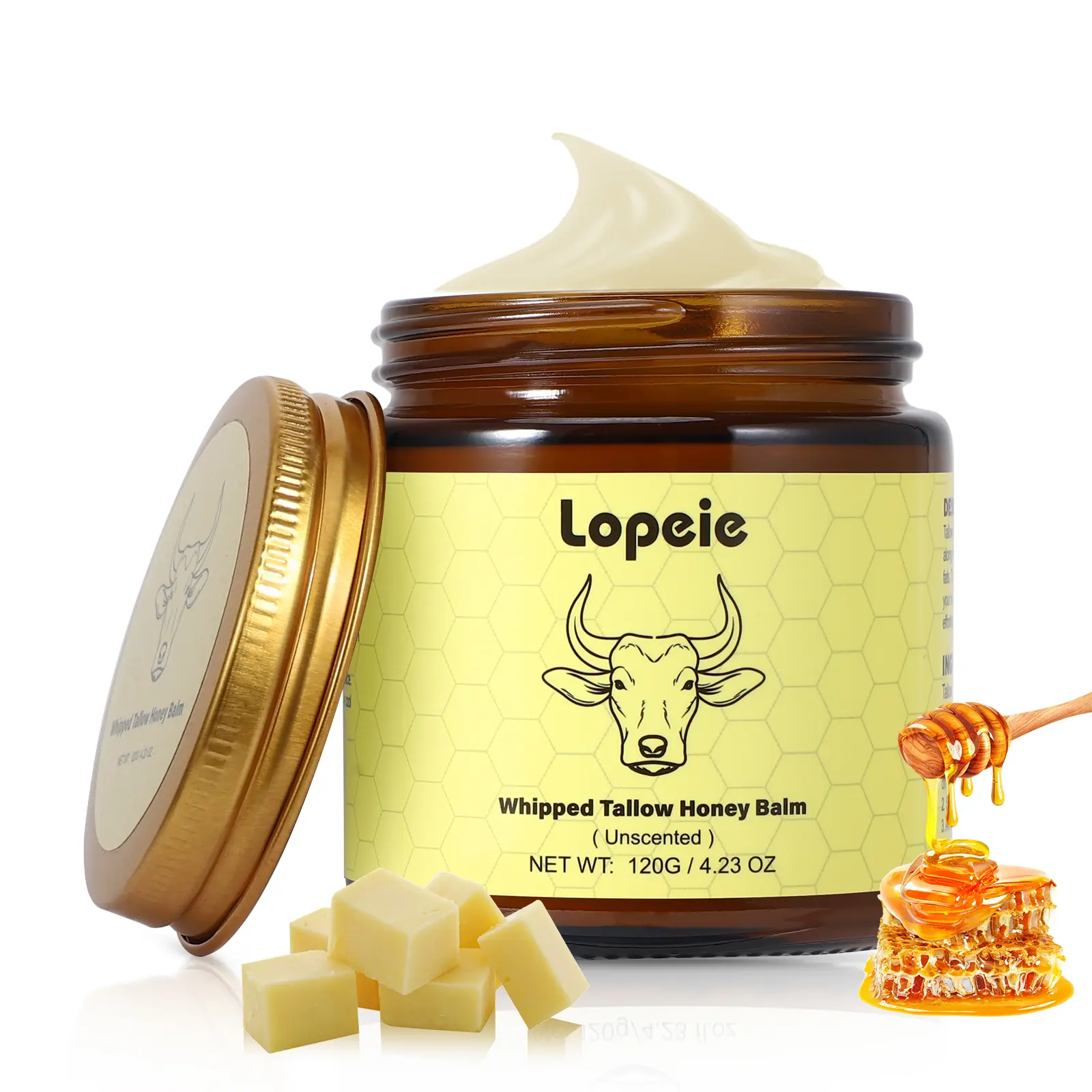 Lopeie Organic Grass-Fed Beef Tallow Balm with Raw Honey & Beeswax - Natural Moisturizer for All-Body Skin Care, Hydrating Formula with Vitamins A, D, E, K, 4.23 Oz- New Year gift