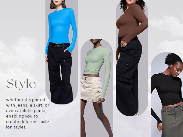 PUMIEY Long Sleeve Basic Tee Women's Crew Neck Slim Fit Tops Streetwear Minimalist Double Layer Compression Tee Casual Cloud Going outfits Office Outfits Women Elegant Classy tops Cute Fall outfits Summervibes summerwins