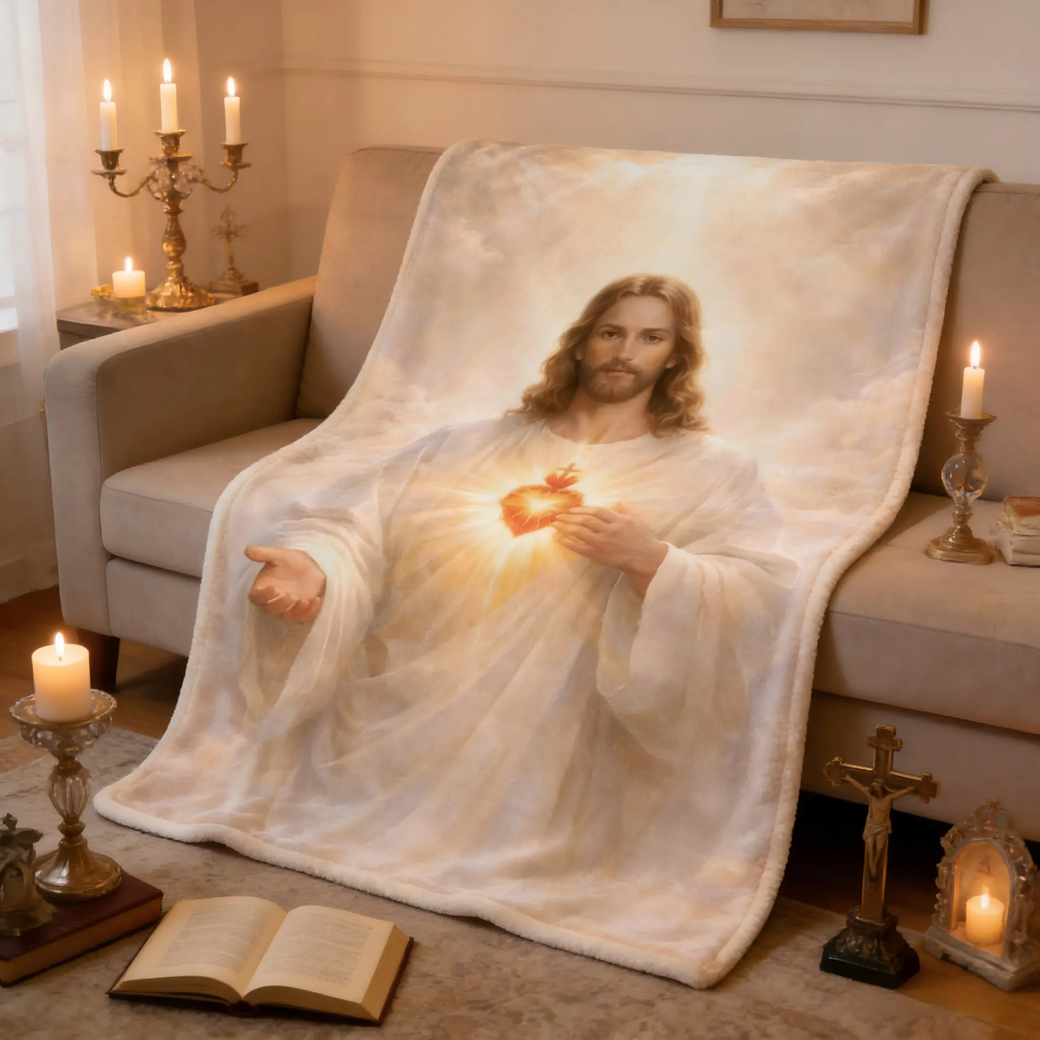 Sacred Heart of Jesus Flannel Throw Blanket, Soft Cozy Plush, Christian Devotional Gift, Warm Snuggle Blankets for Bedroom, Heavenly Divine Light Religious Art Design for Prayer Space, Throw Blankets