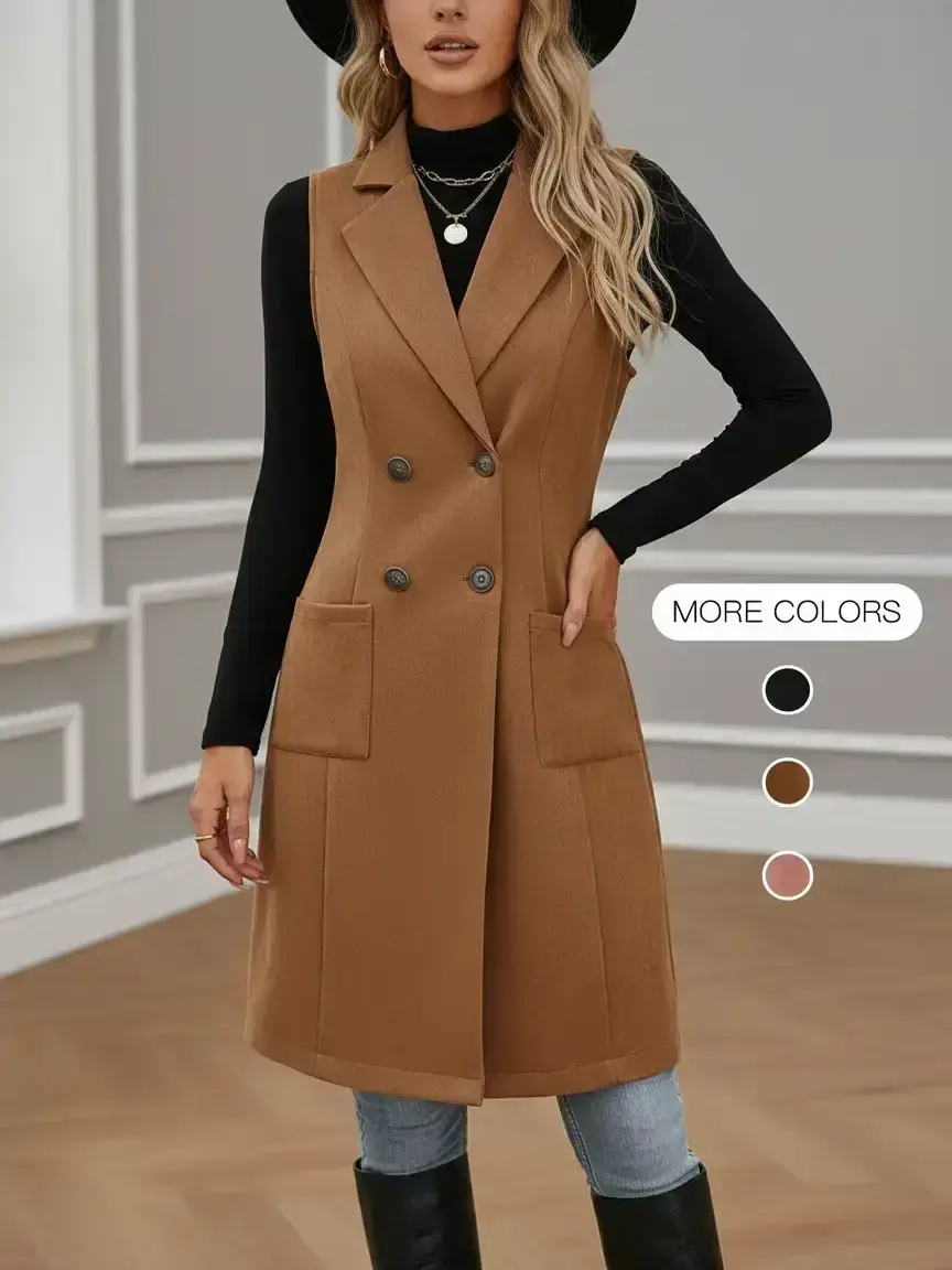 Women's Vintage Basic Slim Fit Sleeveless Plain Waistcoat Vest Coat, Long Woven Fabric Jacket for Spring & Fall, Casual Chic Elegant Fashion Outerwear for Women