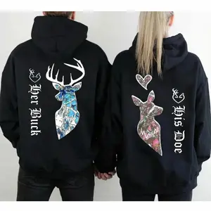 [Graphic Hoodie] Couple Matching Hoodies/T-Shirt - Her Buck His Doe Hunting Couple Graphic Hoodie Casual Pullover Hooded Sweatshirt