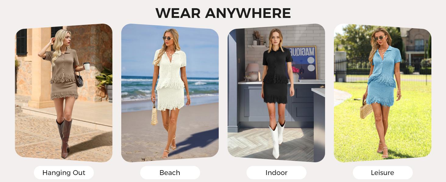 Fisoew Womens 2 Piece Crochet Outfits Short Sleeve Button Knit Sweater Tops Fringe Skirt Summer Vacation Sets Beach Cover Ups