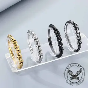 GTHIC Punk Skull Wire Splicing Stainless Steel Bracelet Dark Aesthetic Statement Jewelry Suitable for Men and Women