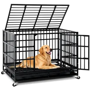 Oranland 48 Inch Heavy Duty Dog Crate,Escape Proof Dog Cage Kennel with Wheels, High Anxiety Indestructible, Sturdy Locks Design, Double Door and Removable Tray,