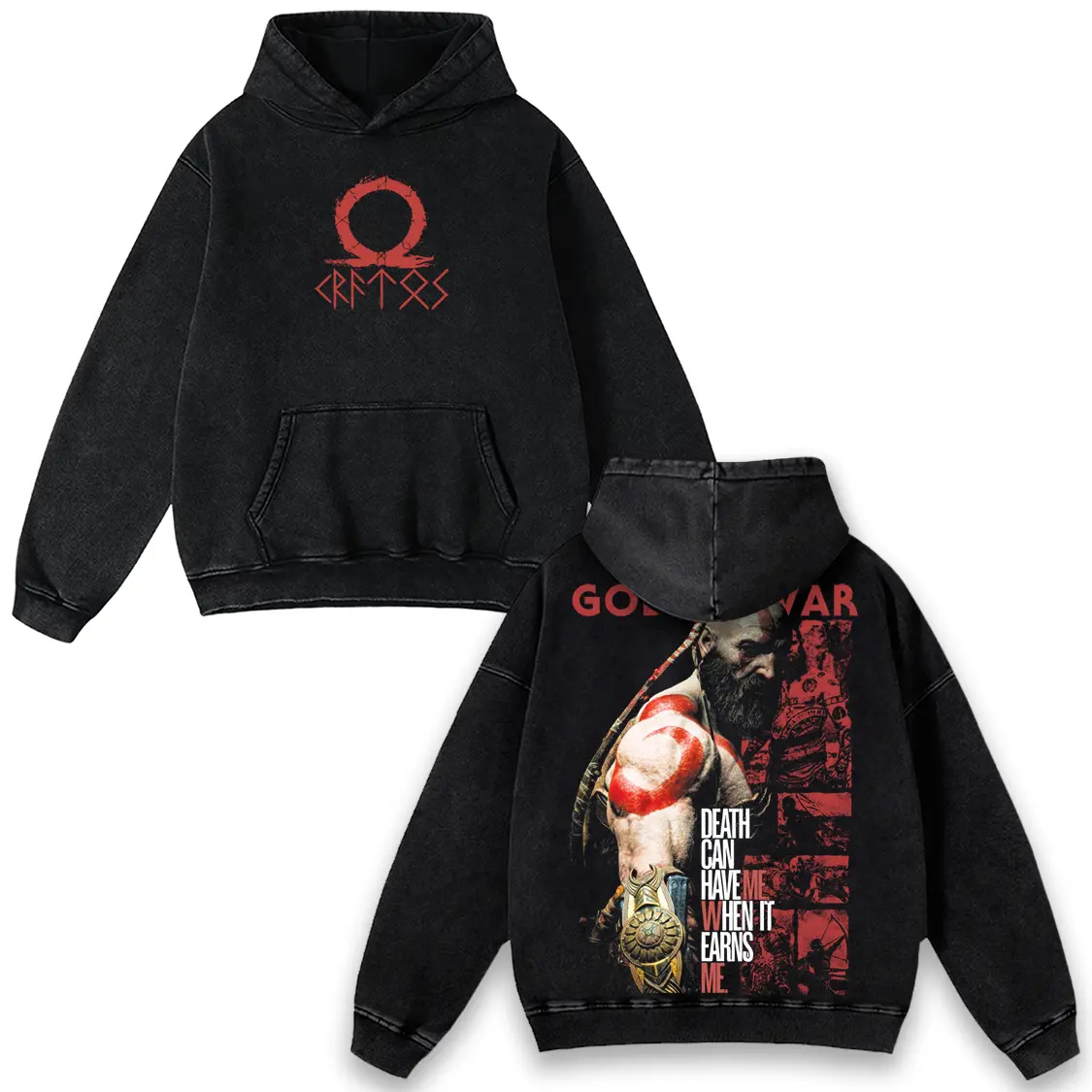 God of War Kratos Vintage Washed Hoodie, Spartan Warrior Graphic Pullover, Gaming Streetwear Hoodie, Death Can Have Me When It Earns Me Quote