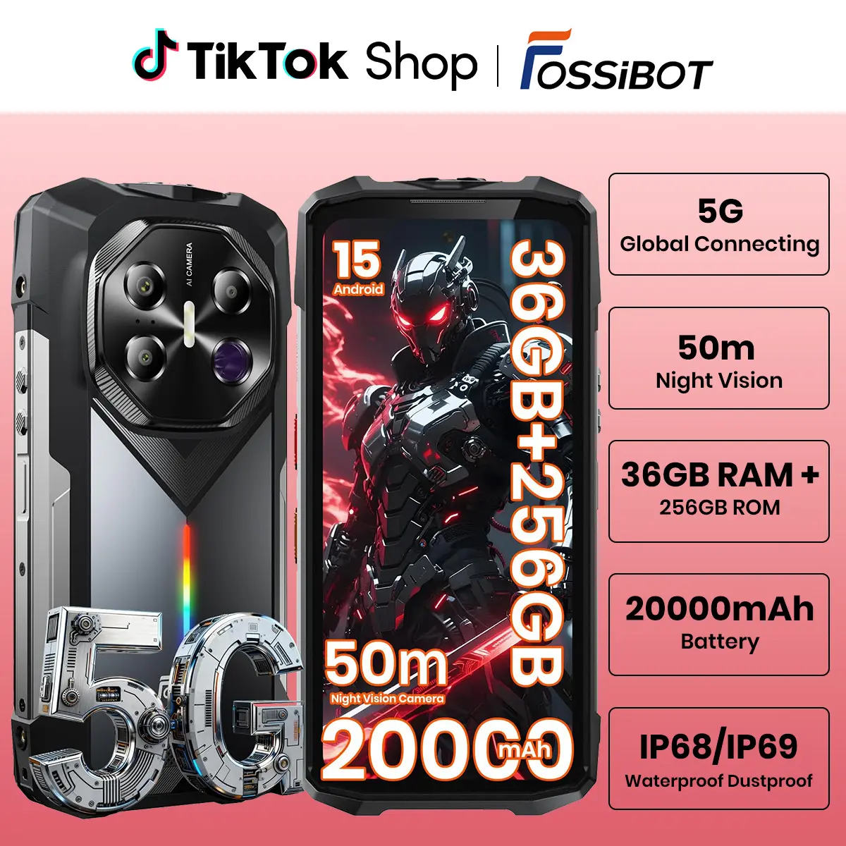 FOSSIBOT F113 Unlocked 5G Rugged Smartphone (2026) - 6.78" FHD+ 120Hz Screen, 36GB+256GB/2TB, MediaTek Dimensity 7050, 20000mAh Battery with 33W Fast Charge & 18W OTG, 64MP Night Vision, 50m Long-Range, Android 15, Outdoor Gaming Cellphone, Mobile, Dual S